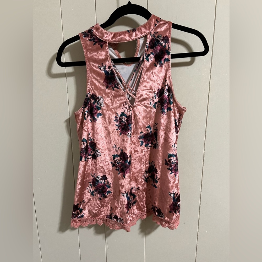 Altar’d state size medium pink coral white green velvet tank top lace